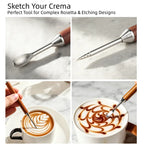 Barista using Culturbo latte art pen to draw patterns on espresso microfoam.
