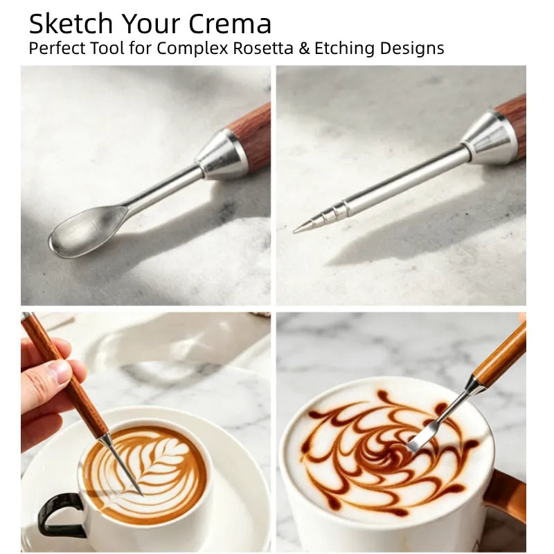 Barista using Culturbo latte art pen to draw patterns on espresso microfoam.