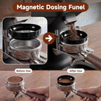 Magnetic dosing funnel catching coffee grounds flawlessly to keep portafilter clean.