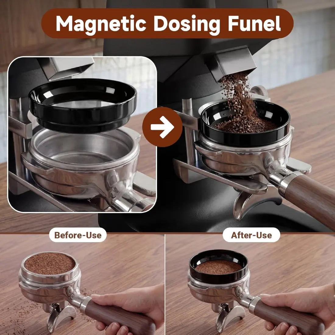Magnetic dosing funnel catching coffee grounds flawlessly to keep portafilter clean.
