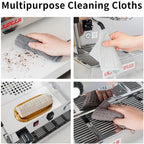 Barista wiping espresso machine countertop and portafilter with microfiber cloth