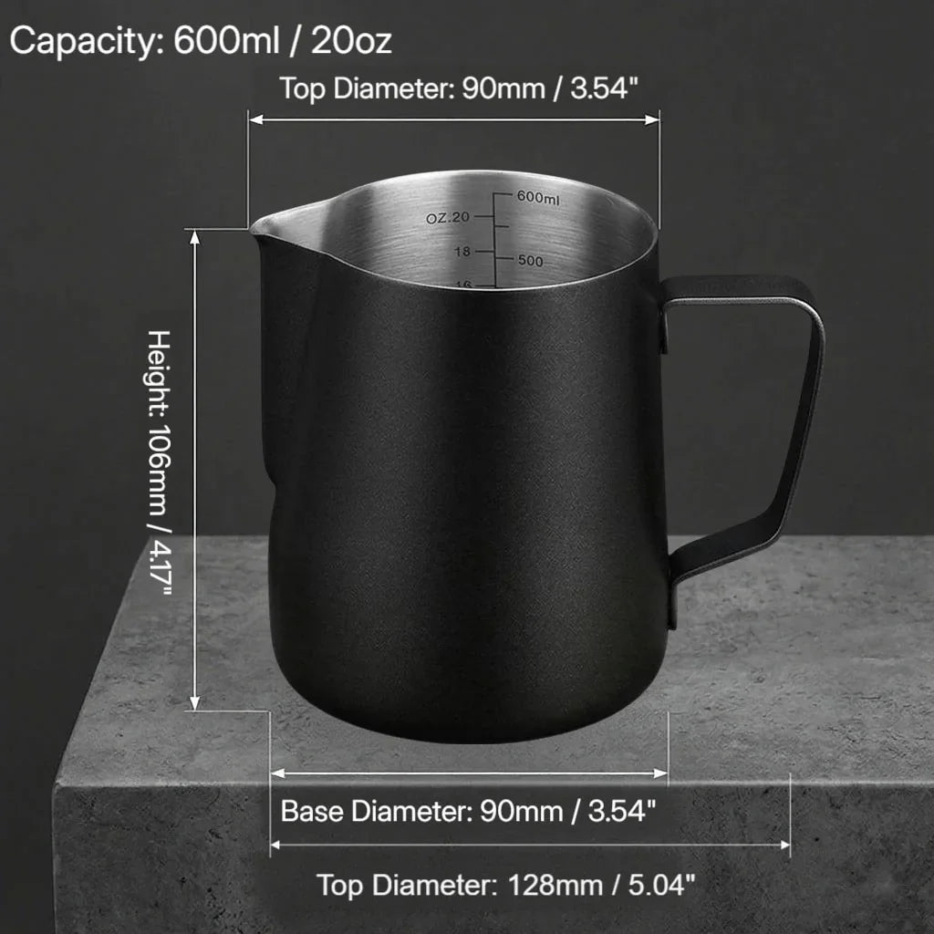 Milk frothing pitcher for lattes cappuccinos and flat whites