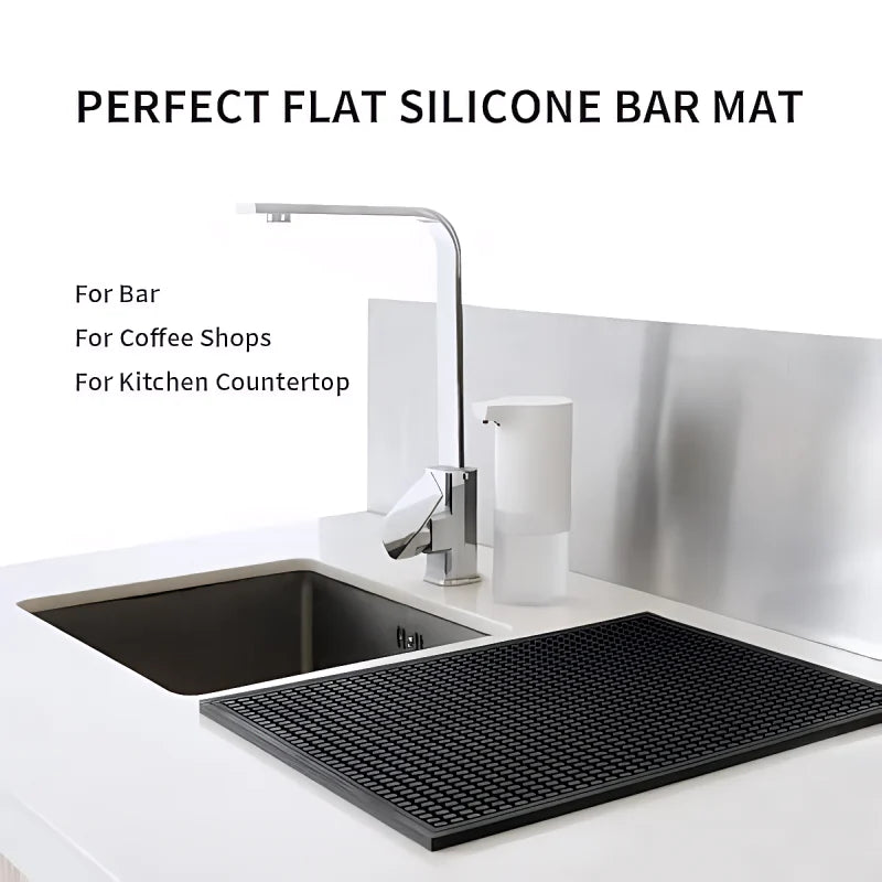Perfect flat black silicone drying mat for kitchen sink, bar, and coffee shops.