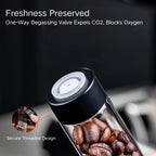 Culturbo coffee bean storage tube closeup showing the secure threaded design and one-way degassing valve cap for airtight seal freshness.