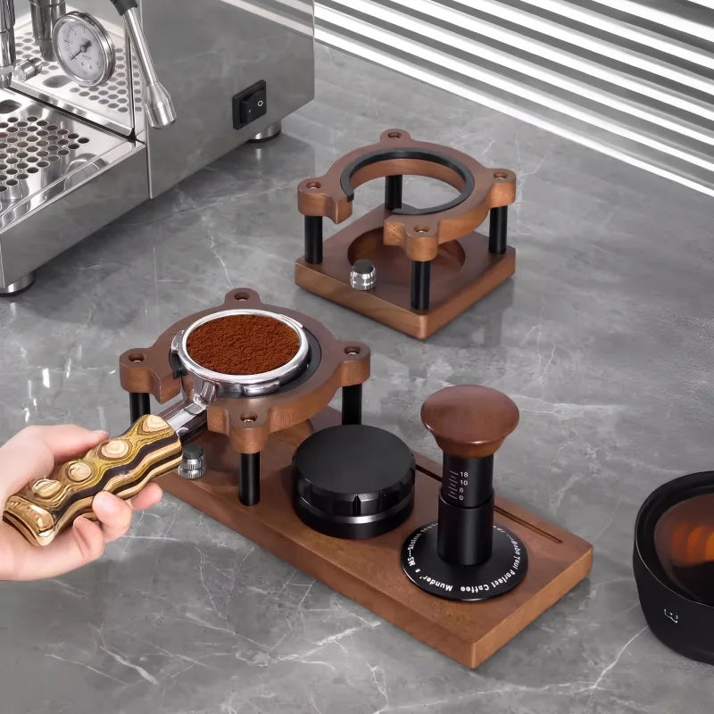 Organized coffee station with walnut wood portafilter holder and espresso tools