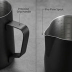 Precision pour spout on Culturbo milk pitcher for controlled milk flow