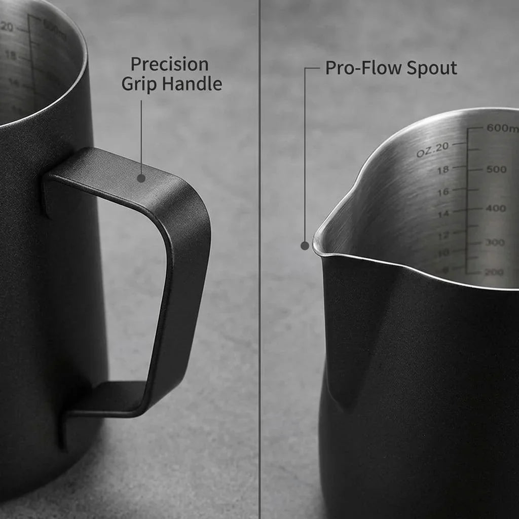 Precision pour spout on Culturbo milk pitcher for controlled milk flow