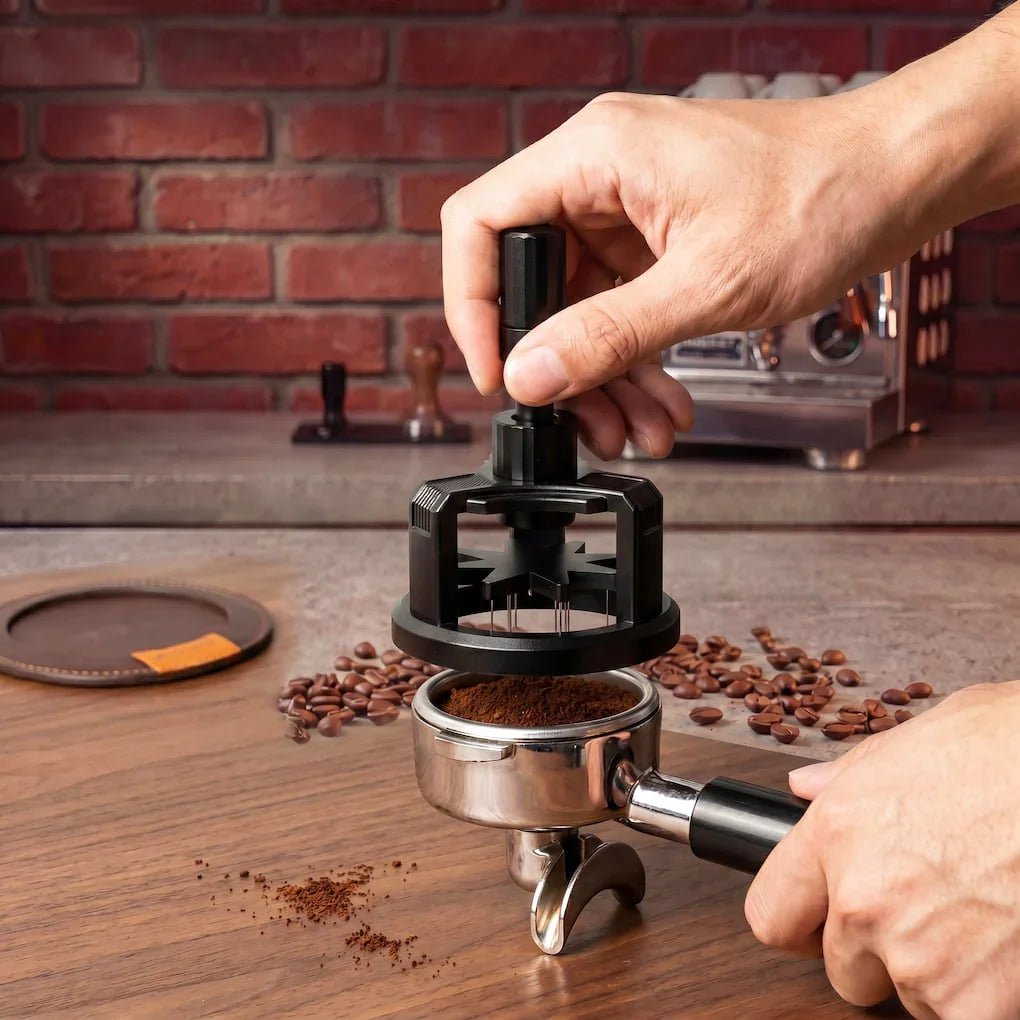 Premium espresso barista kit including rotary WDT tool and base