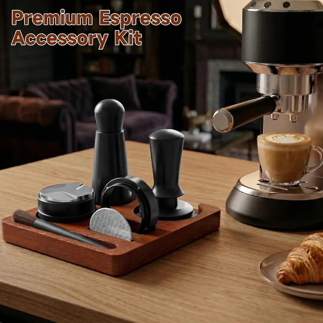 Premium black espresso tools set neatly organized on solid wood tamping station next to coffee machine.