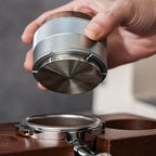Luxury espresso tamper made of genuine walnut wood cap and anti-slip diamond knurling aluminum shell.
