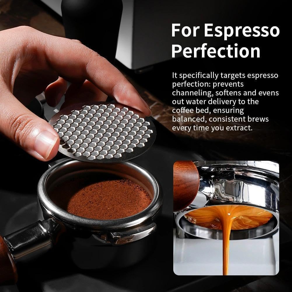 Side profile view emphasizing the slim sleek edges of the multi-layer coffee lower shower screen filter mesh.