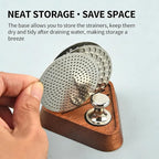 Espresso puck screens drying upright in wood storage stand