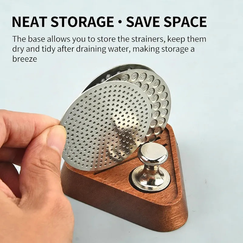Espresso puck screens drying upright in wood storage stand