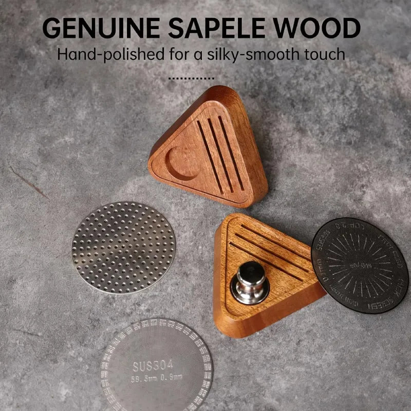 Sapele wood puck screen stand for organized espresso bar storage