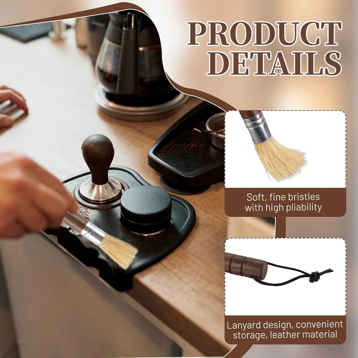 Soft fine natural bristles with high pliability and convenient leather lanyard storage design.