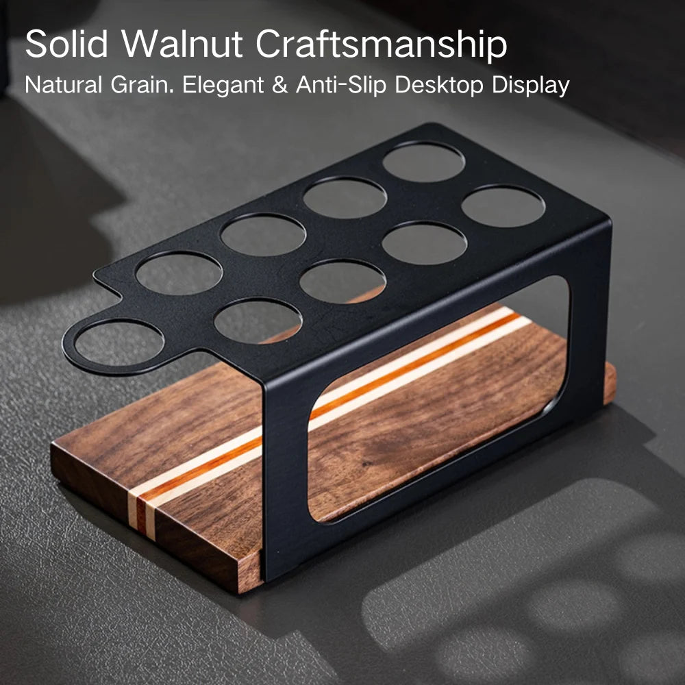 Ergonomic real walnut wood display stand base for coffee storage tubes.