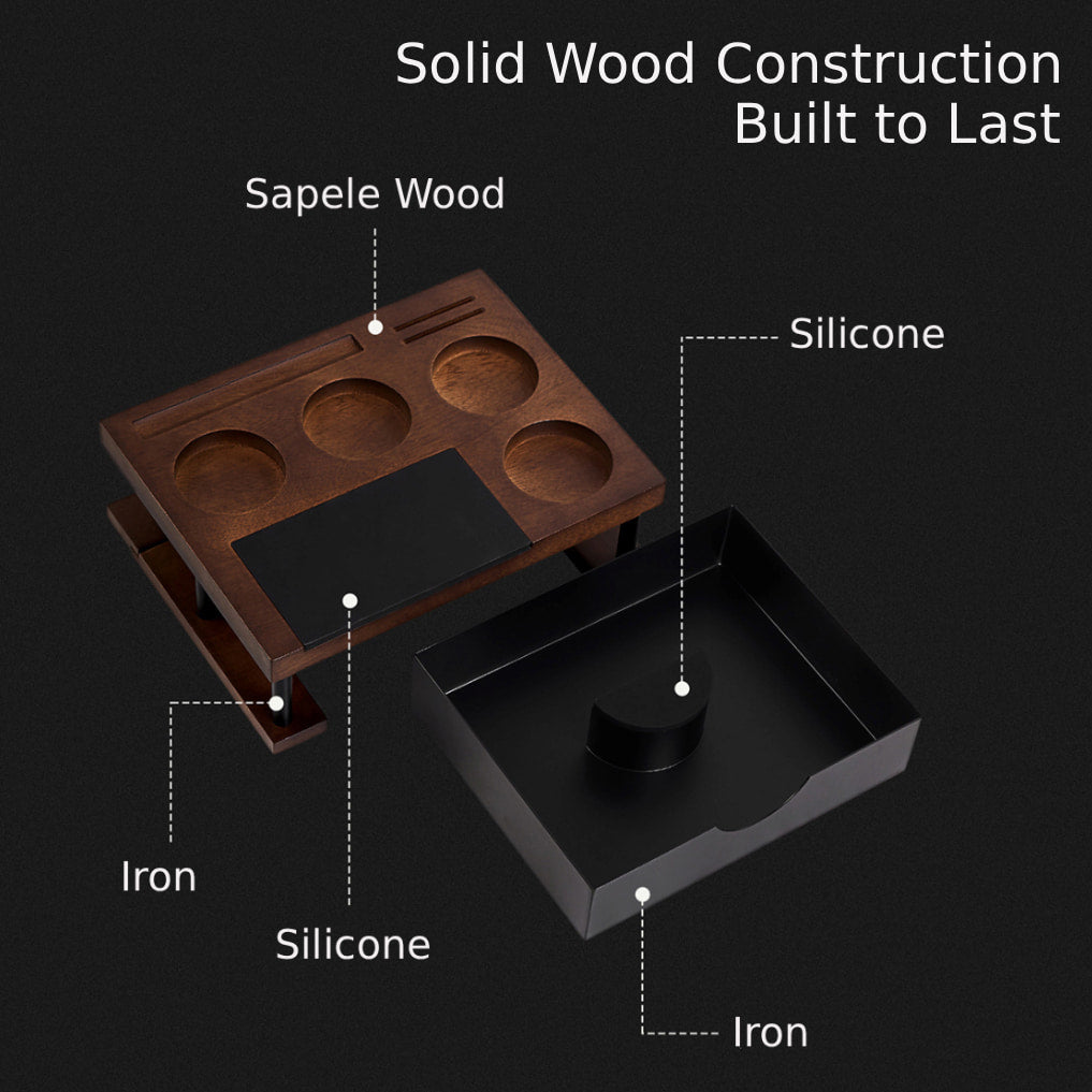 Solid wood espresso station with silicone-covered iron knock bar