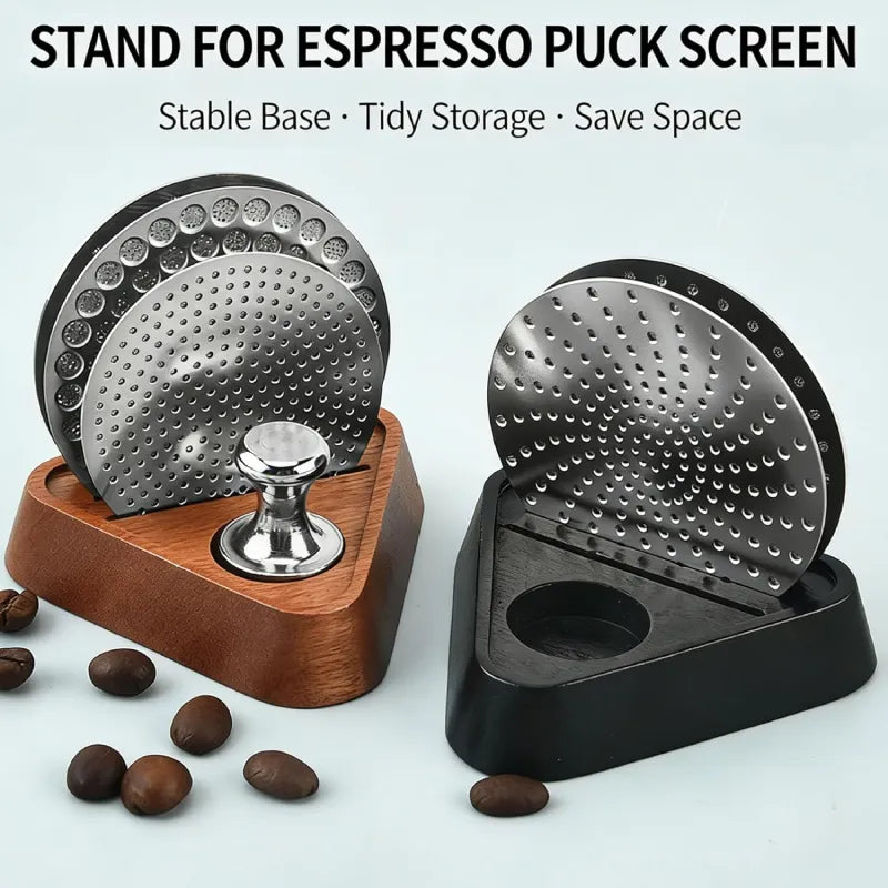 Space-saving puck screen stand for cleaner coffee bar organization