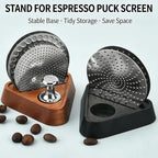 Space-saving puck screen stand for cleaner coffee bar organization