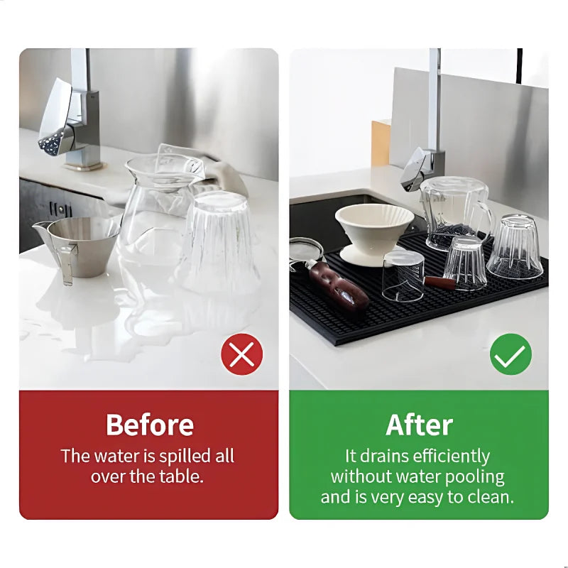 Before and after comparison of coffee bar mat catching water spills to protect table.