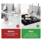 Before and after comparison of coffee bar mat catching water spills to protect table.