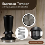 Spring loaded calibrated espresso tamper with adjustable depth for consistent pressure.