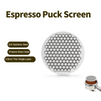 Premium multi-layer stainless steel espresso puck screen filter showcased on a clean studio gray background by Culturbo.