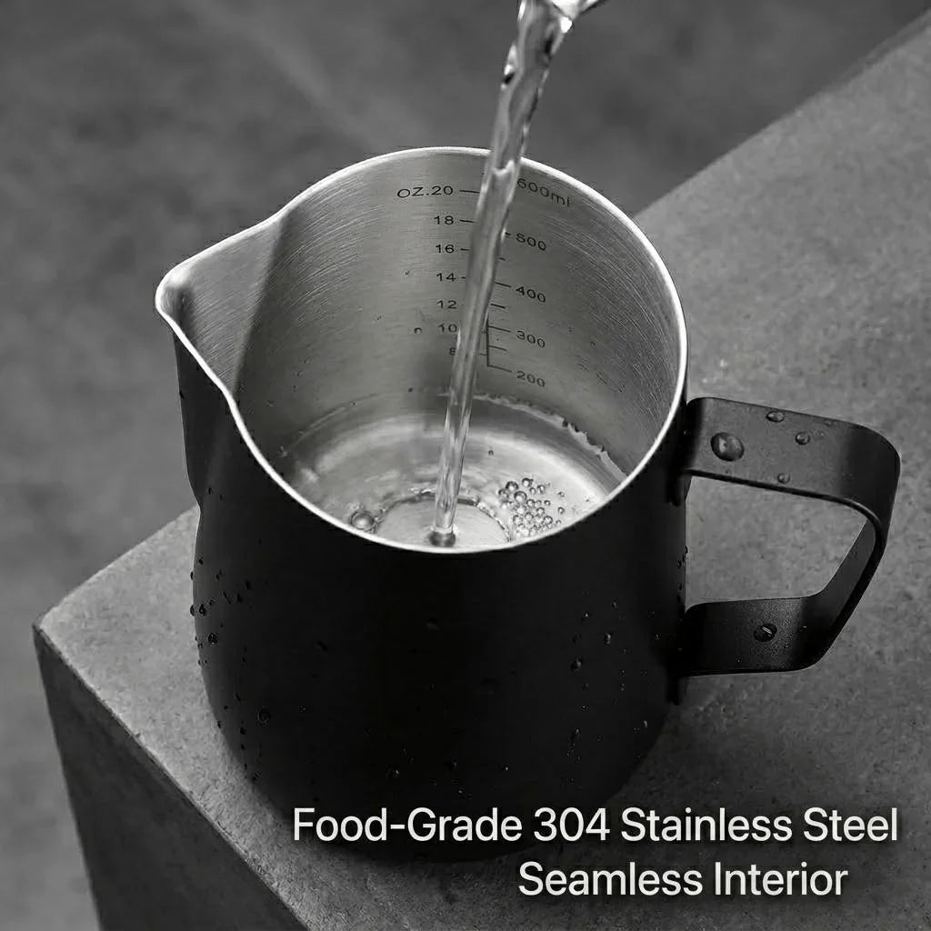 Stainless steel latte art pitcher for home espresso drinks