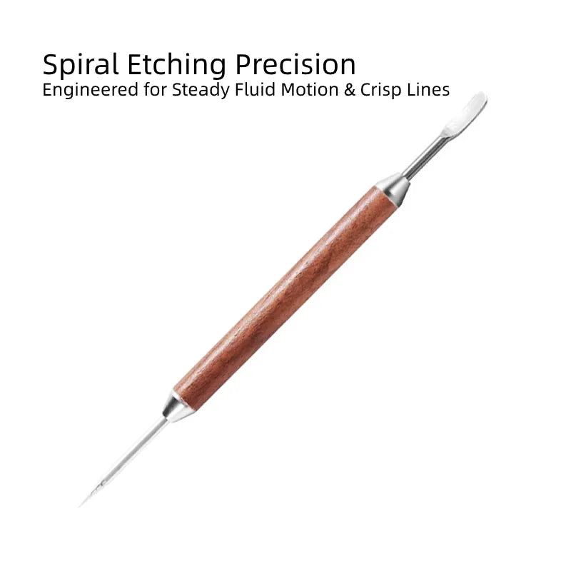 Detailed shot of the spiral threaded pattern on the stainless steel art pen.