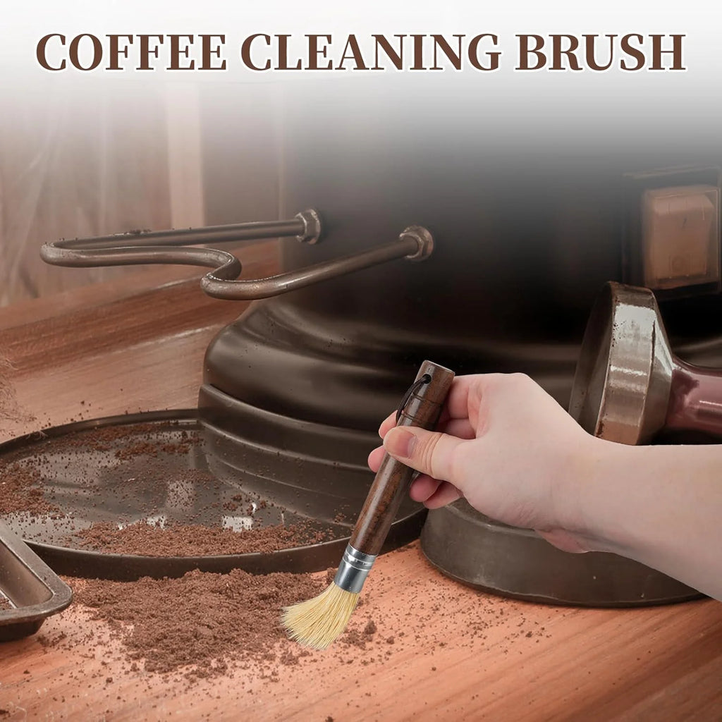 Using anti-static natural bristle brush to clean spilled coffee powder on wooden countertop.