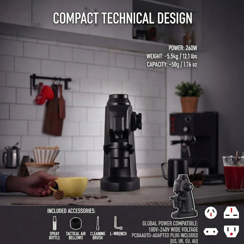 worldwide voltage espresso grinder with US plug adapter included