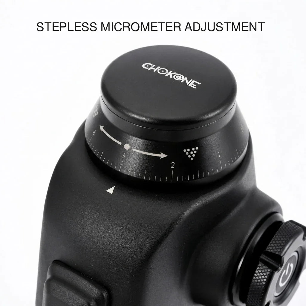 stepless grind adjustment dial on espresso grinder