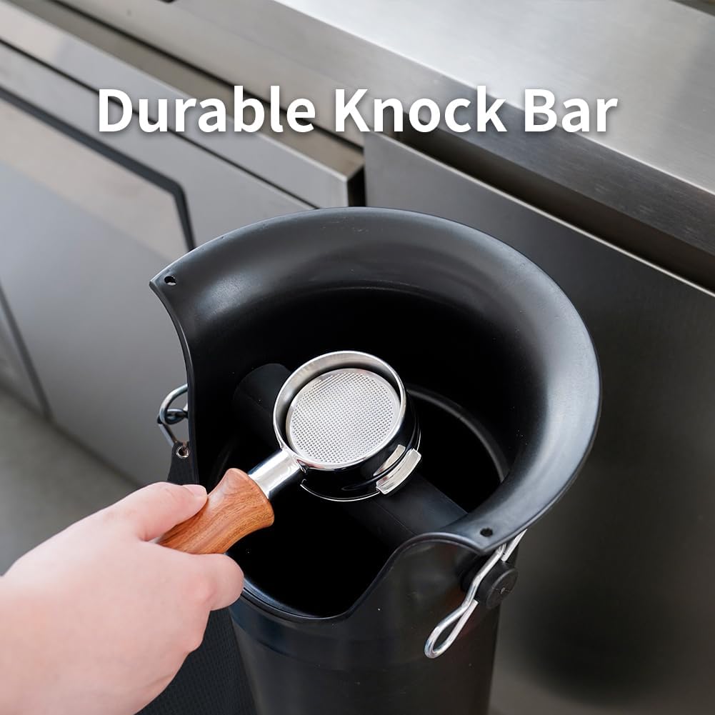 Top down view of the large capacity standing coffee grounds bin highlighting the widened mouth and sturdy rubber strike bar.