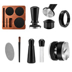Ultimate 7-in-1 espresso accessory kit with wood tamping station and calibrated tamper.