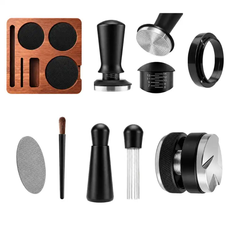 Ultimate 7-in-1 espresso accessory kit with wood tamping station and calibrated tamper.