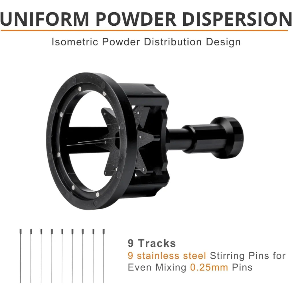 9 stainless steel stirring pins with 0.25mm tracks for uniform espresso powder dispersion.