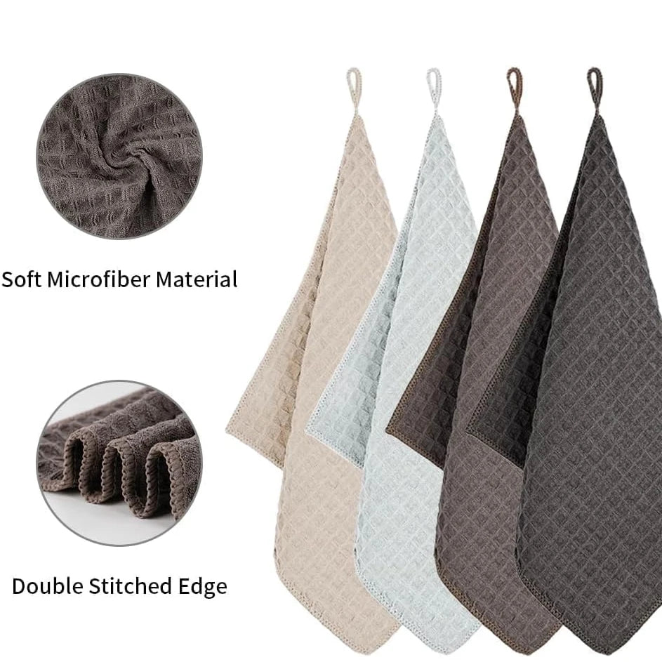 Waffle weave microfiber coffee cloth with stitched edge and hanging loop