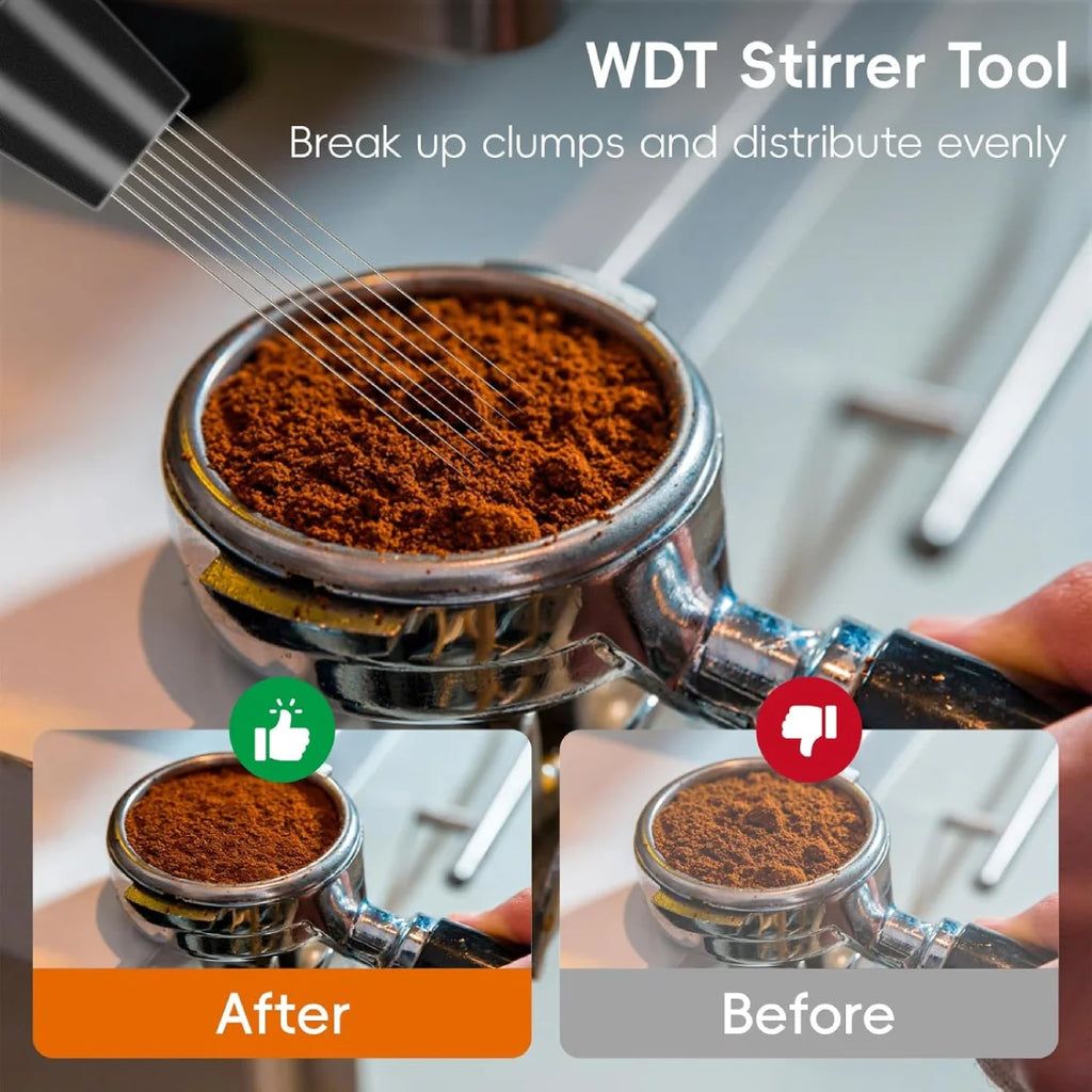 WDT stirrer tool breaking up coffee clumps and distributing grounds evenly to prevent channeling.