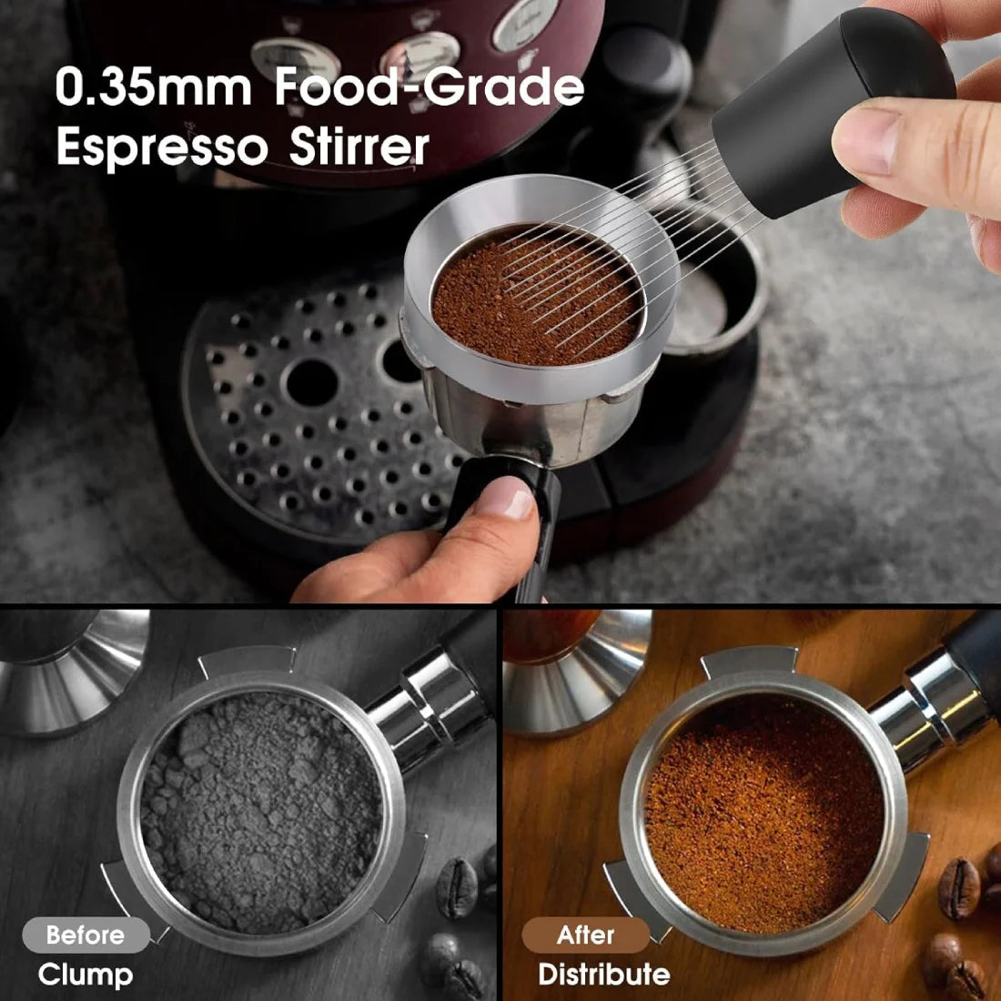 WDT espresso tool distributing coffee grounds before tamping