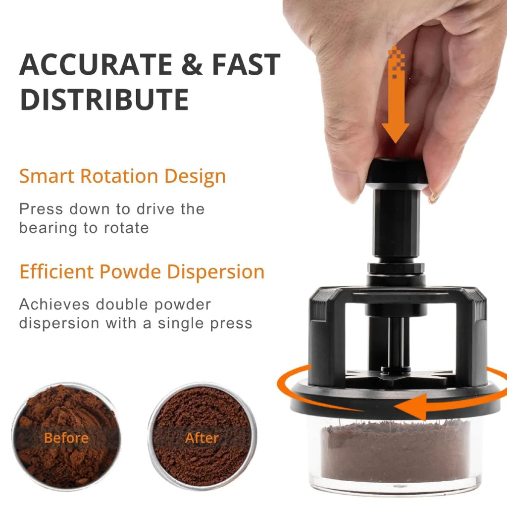 Accurate and fast espresso distribution before and after using smart rotation WDT tool.