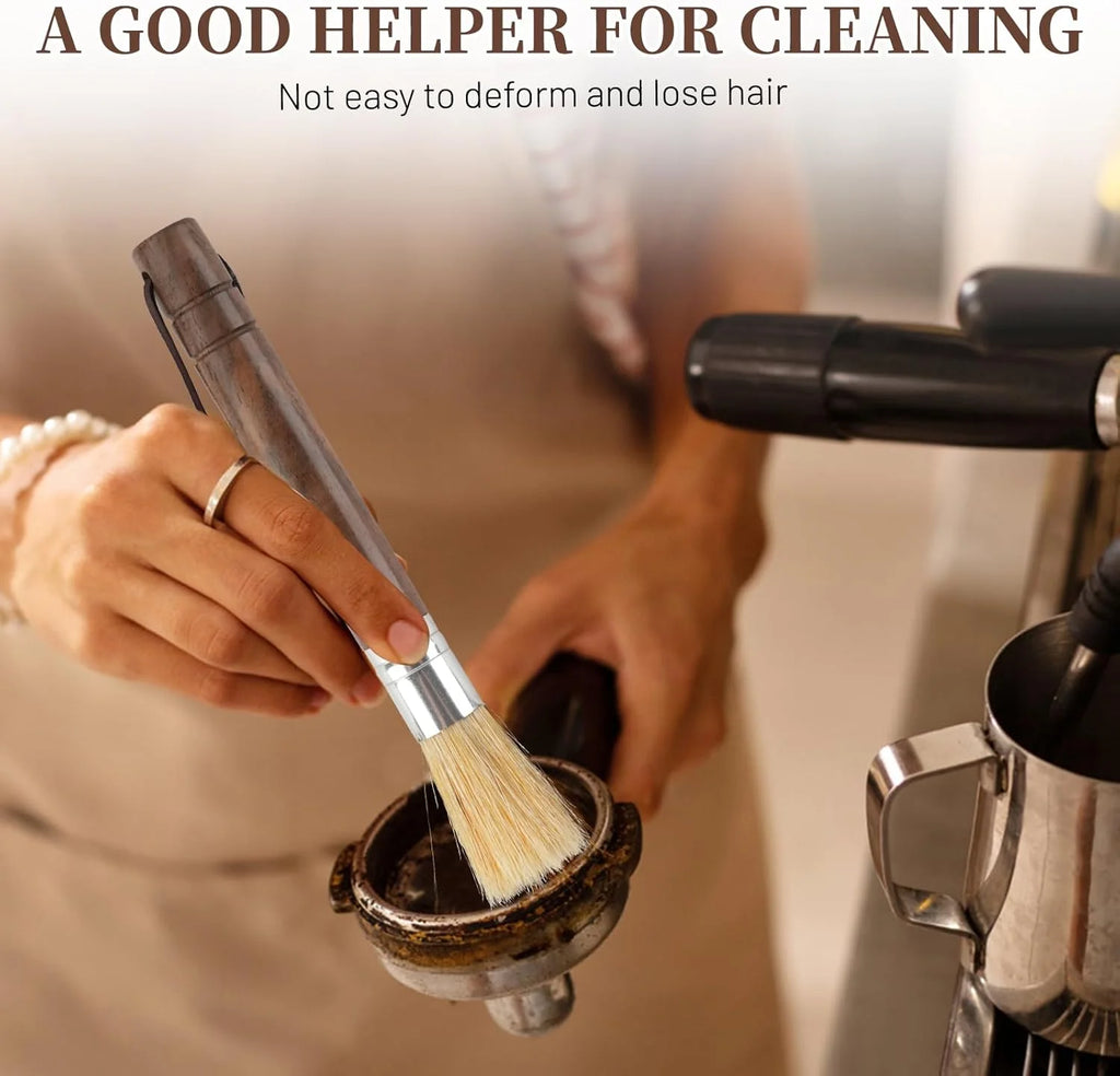 Sweeping coffee dust and grounds from espresso machine to prevent deformation and hair loss.